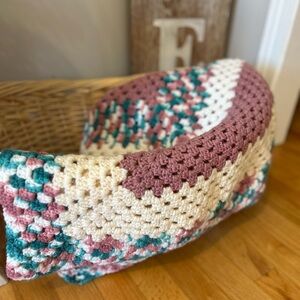 Handmade Crochet Square Throw / Afghan - Mauve, Cream & Teal
